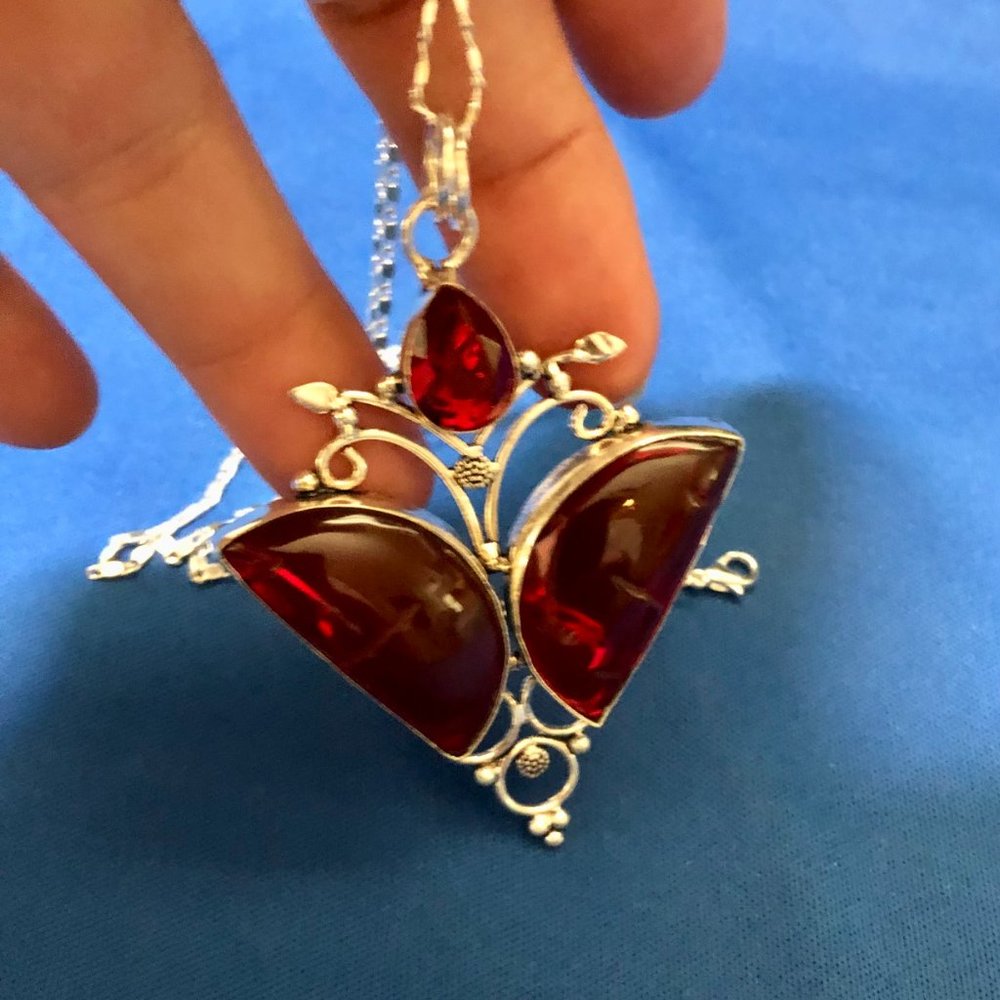 Handmade Fantastic Butterfly- Mozambique + Garnet All Real Gemstone Necklace. - Picture 3 of 4